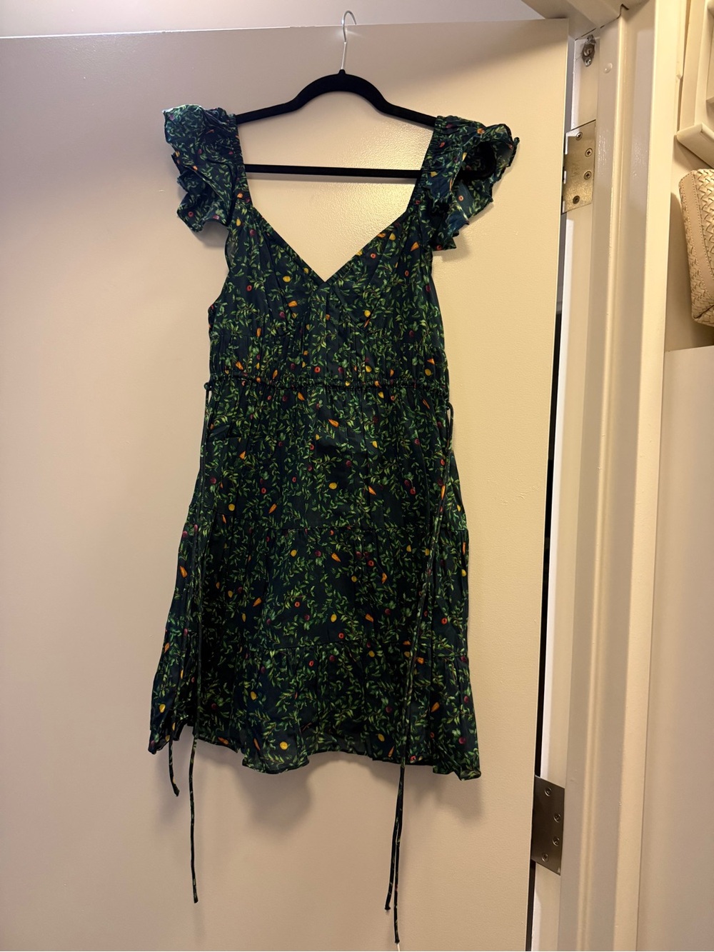 Hill House Dark Green Floral Mini Dress with Orange & Pink Accents